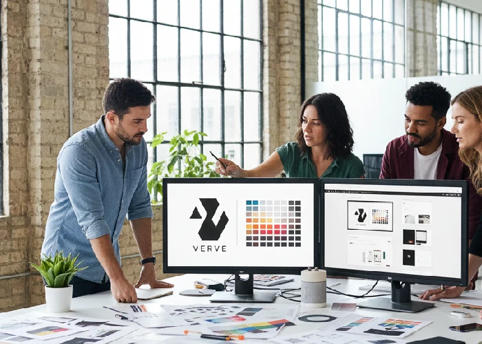 Professional branding studio team working on brand design.