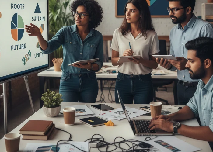 A team of experts at our branding studio collaborating on a new brand design project.