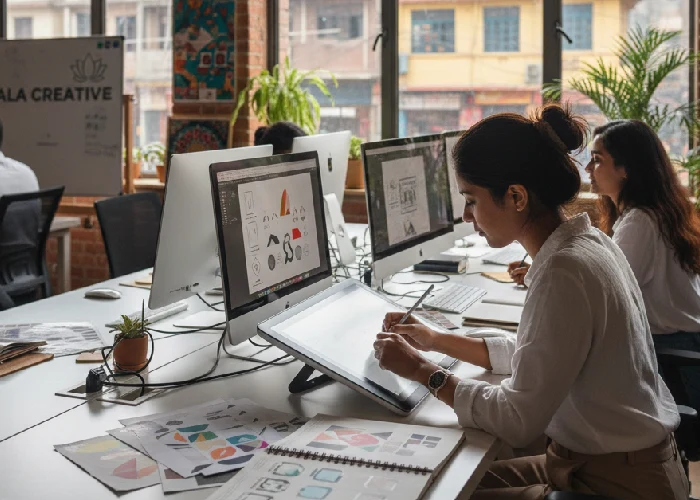 Professional designer at a branding studio sketching a new brand design.