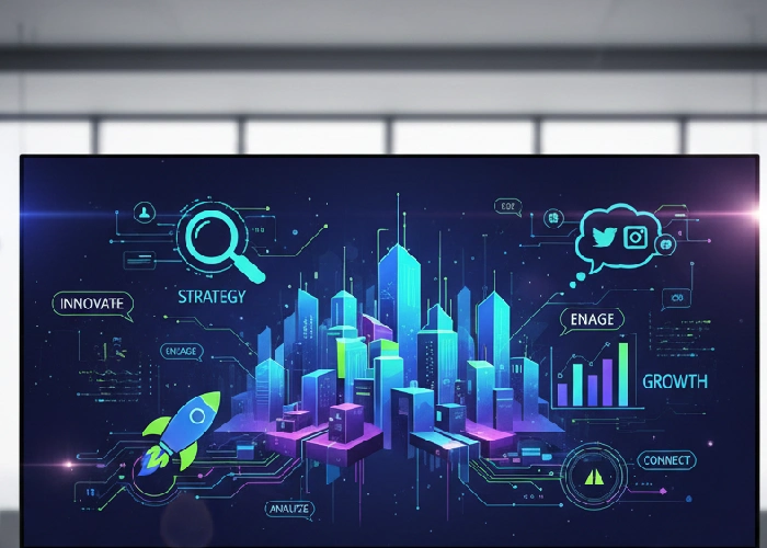 Creative marketing graphics on a screen.