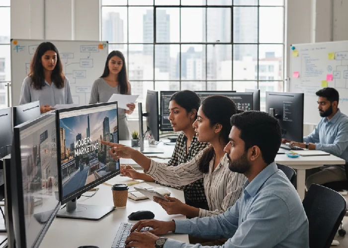 Professional design studio team collaborating on a marketing website.