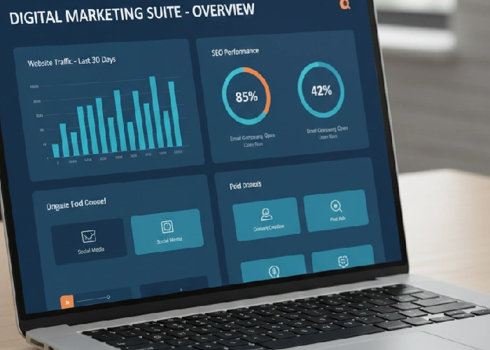 A laptop showing a digital marketing app dashboard.