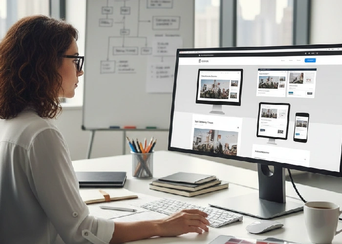 A website design studio professional creating a responsive digital marketing website design for a client.