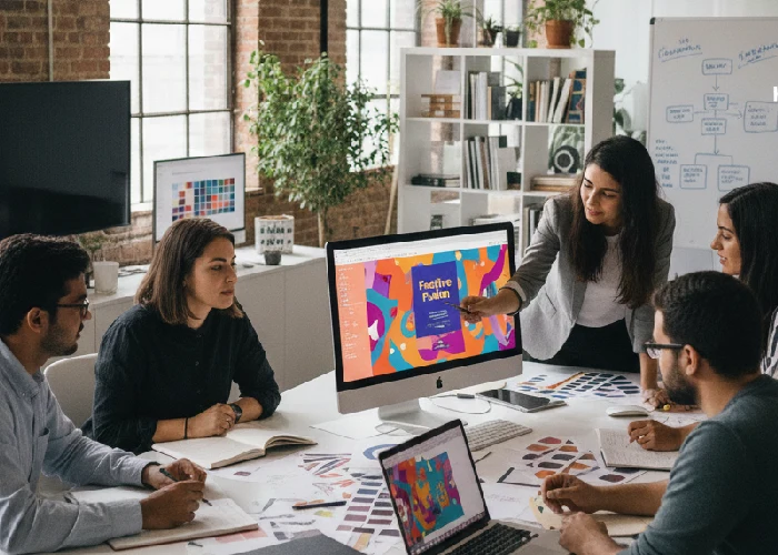 Creative team at a graphic design studio collaborating on a marketing design project.