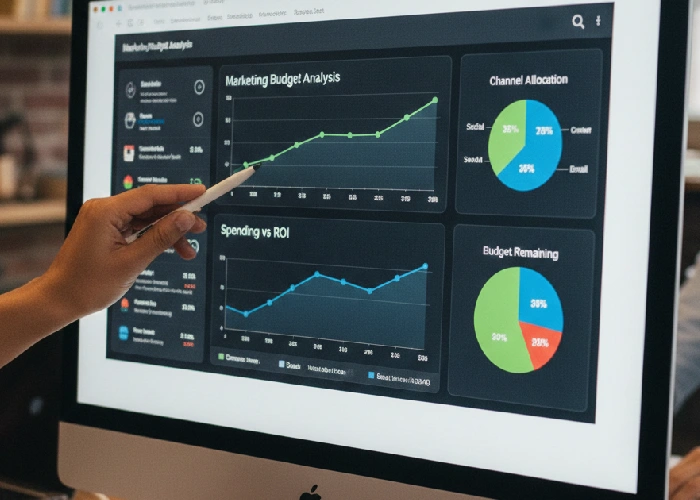 Analyzing marketing budget on a digital screen
