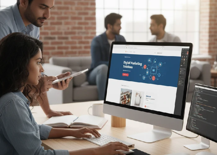 A professional website design studio setup showing a digital marketing website design in progress.