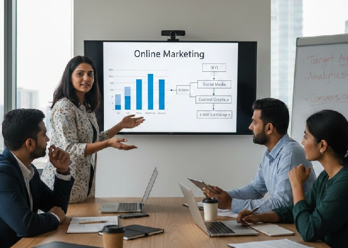 A team discussing online marketing strategies.