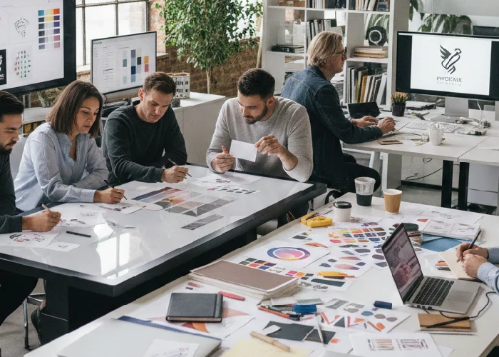 A branding studio team working on creative brand design and logo design for a new business.