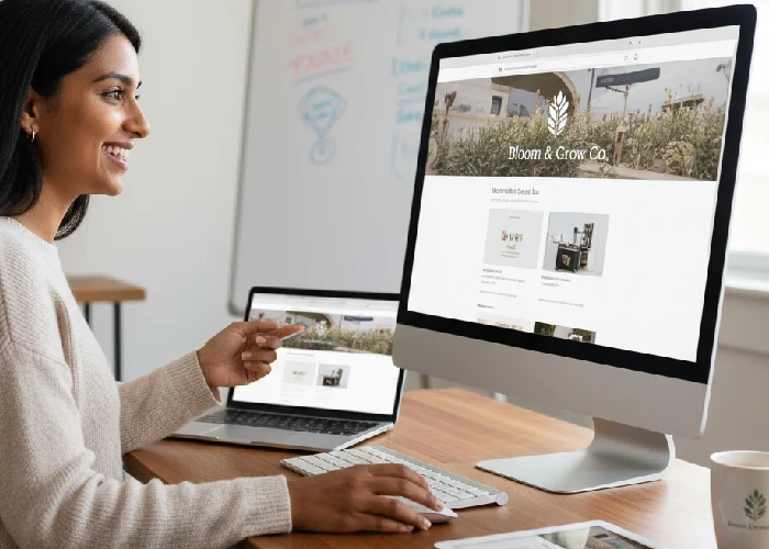 A person happily using a website building tool for their new brand.