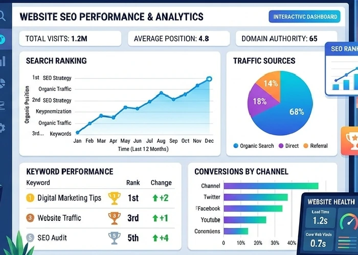 Search engine optimization concept with website performance graphs and keyword analysis tools