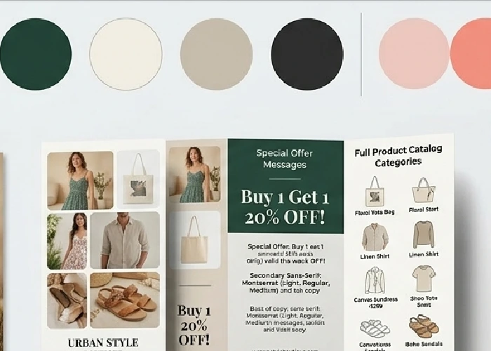 Creative brand identity design including typography, color palette, and marketing materials