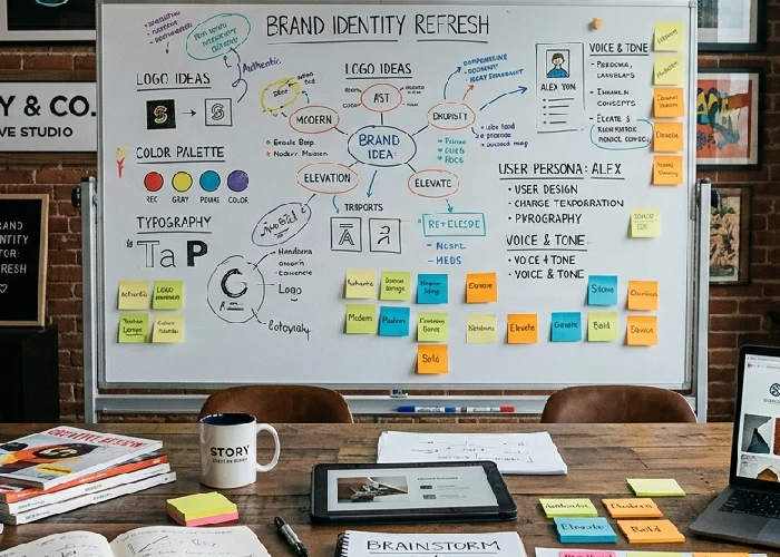 Professional branding studio team brainstorming