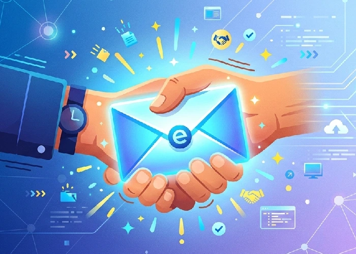 Graphic of a hand shaking a digital envelope.