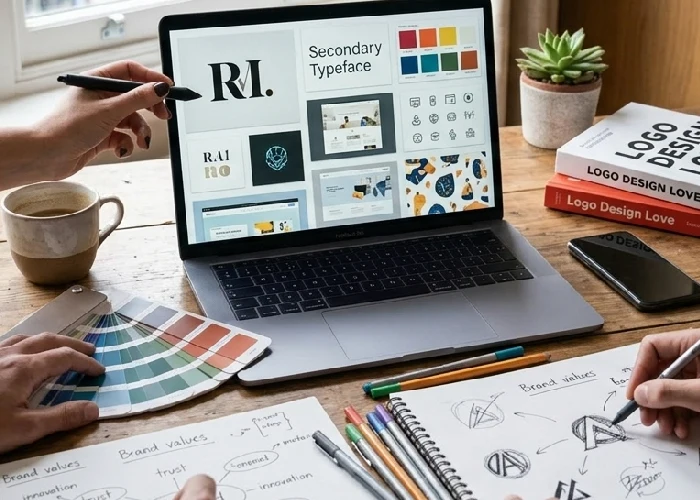 Professional design studio team brainstorming a new brand identity.