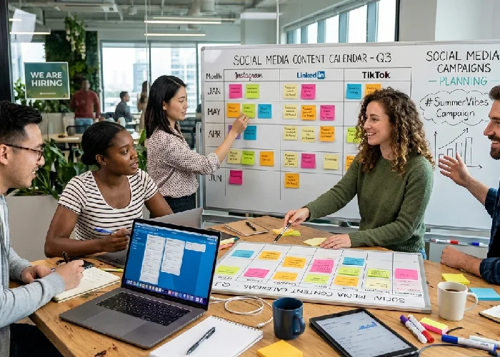 Team planning social media campaigns.