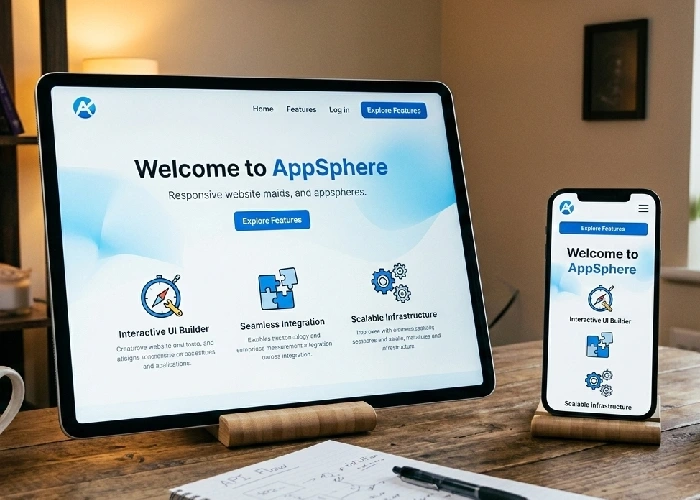 A creative website layout displayed on a tablet and smartphone.