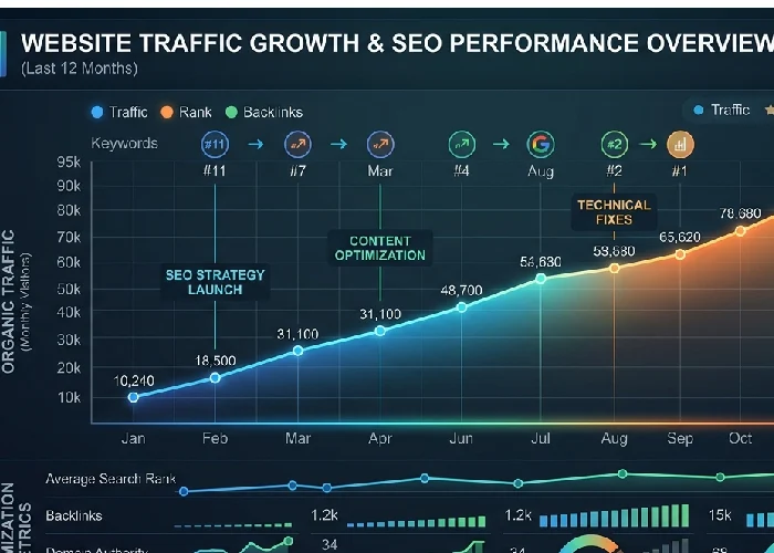 Website traffic growth graph with search engine ranking indicators and optimization metrics