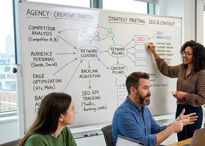 Experts at a digital branding agency crafting a new seo strategy.