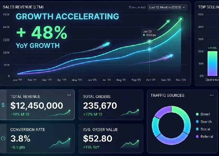 High-speed e shopping website dashboard showing sales growth