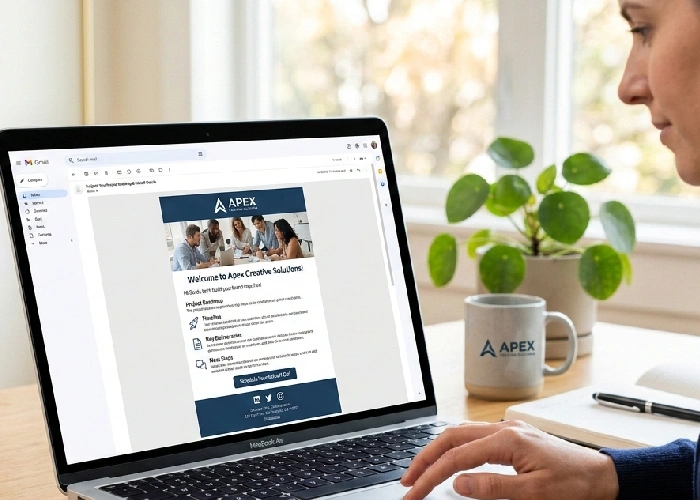 Laptop screen showing a professional branded email layout.