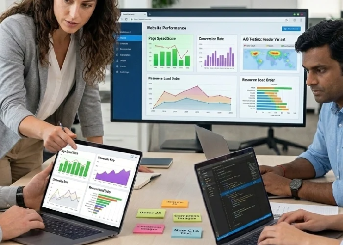 A team performing website optimization on a laptop.