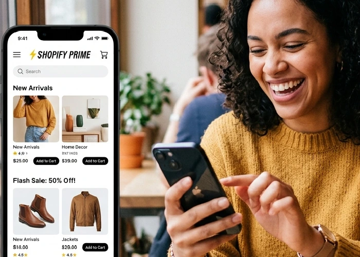 A person happily using a high-speed e shopping website on a smartphone.