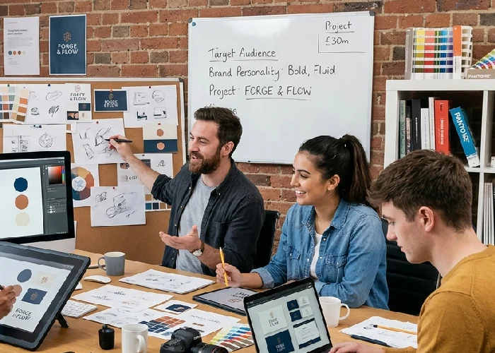 Professional graphic design studio team creating a custom brand design for a client.