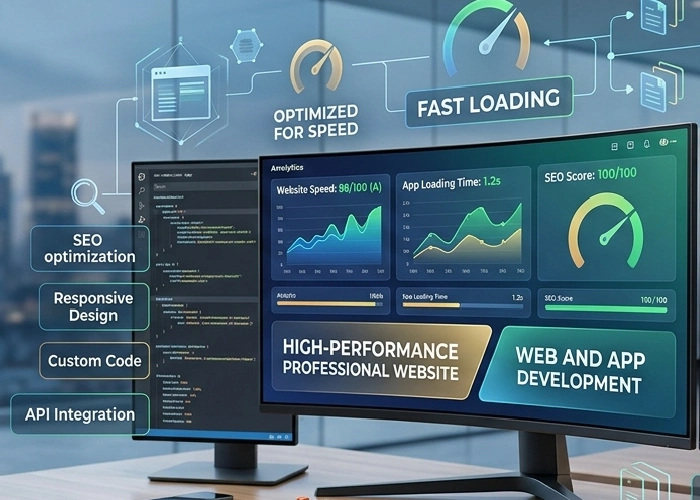 Alt Text: high-performance professional website with web and app development, fast speed, and SEO website optimization