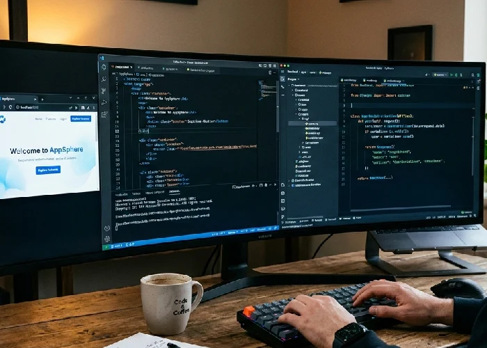 Coding interface showing website app development and clean backend structure.