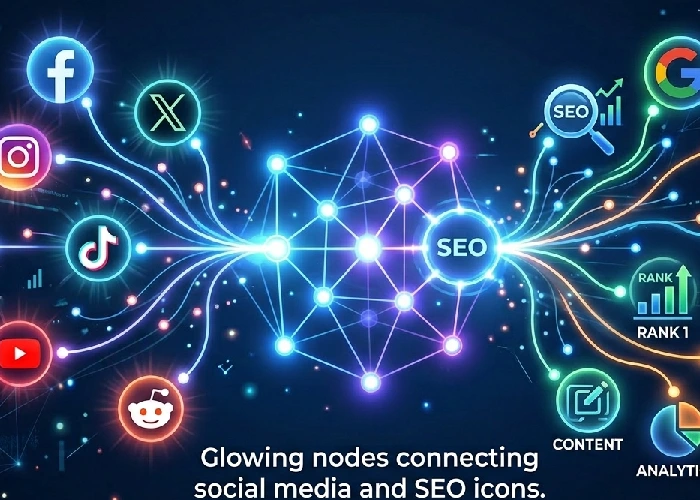 Glowing nodes connecting social media and SEO icons.