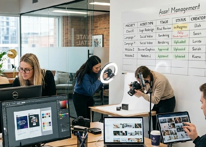 Modern design studio workspace for digital marketing assets.