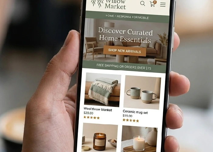 Responsive online e commerce website displayed on a smartphone