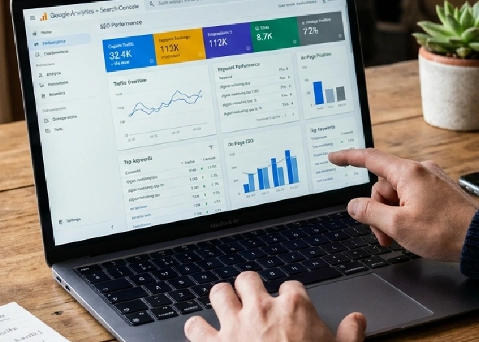 A person analyzing website seo metrics on a laptop screen.