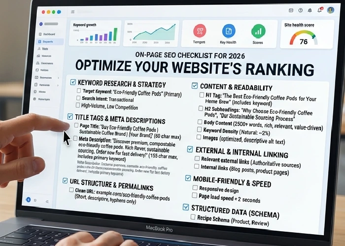 A laptop screen showing on page seo elements like meta tags and keywords.