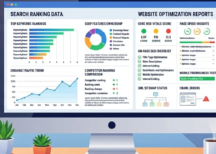 Digital marketing workspace displaying search ranking data and website optimization reports