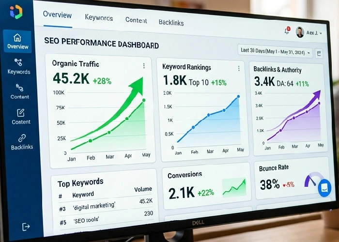 A close-up view of a computer monitor displaying a vibrant website seo analytics dashboard with upward trend graphs.