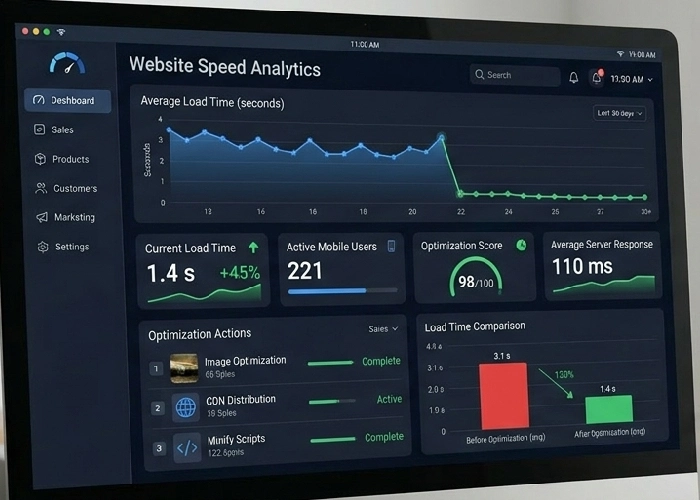 Analytics showing improved website speed for an online marketing website.