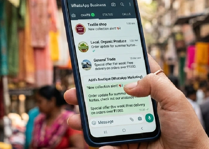 A person using a smartphone for whatsapp marketing.
