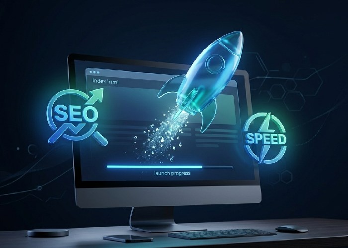 3D rocket launching from a computer screen to symbolize fast loading and SEO growth.