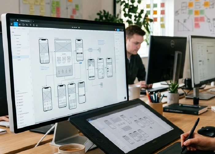 A designer using digital tools to create ui ux design wireframes for a client.