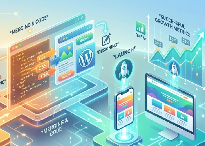 Cohesive infographic showing the web creation journey from strategy to final launch