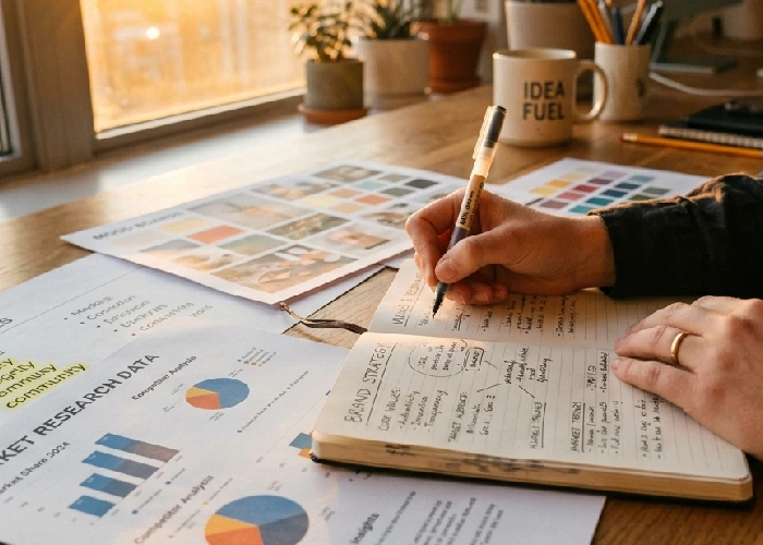 Logo creating concept sketches on grid paper