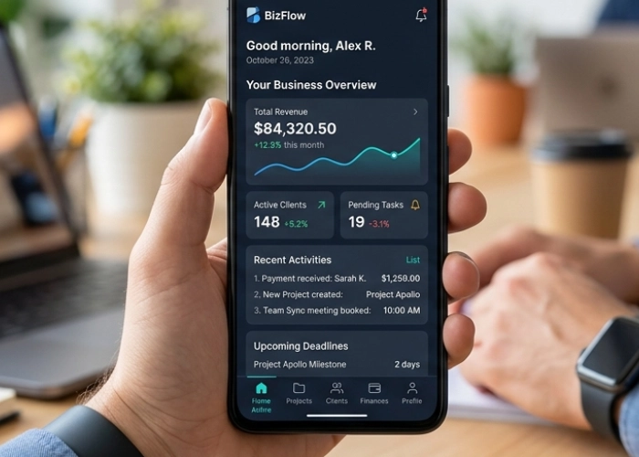 Professional mobile app design showcasing a clean user interface for business.