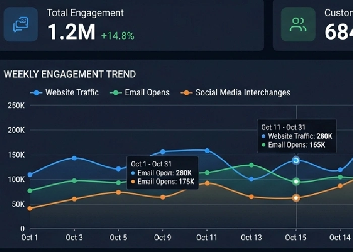 Analytics view of online marketing apps used for tracking customer engagement.
