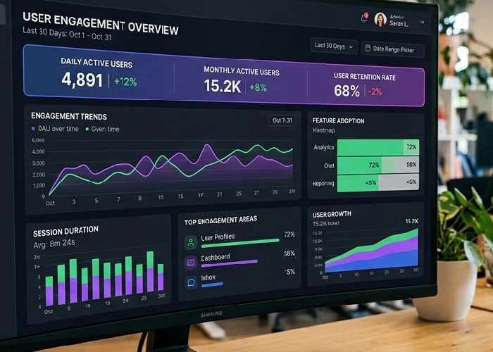 Custom UI UX dashboard showing user engagement metrics for a business.