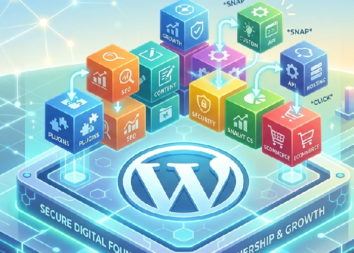 3D illustration of a secure, flexible digital architecture on a WordPress foundation