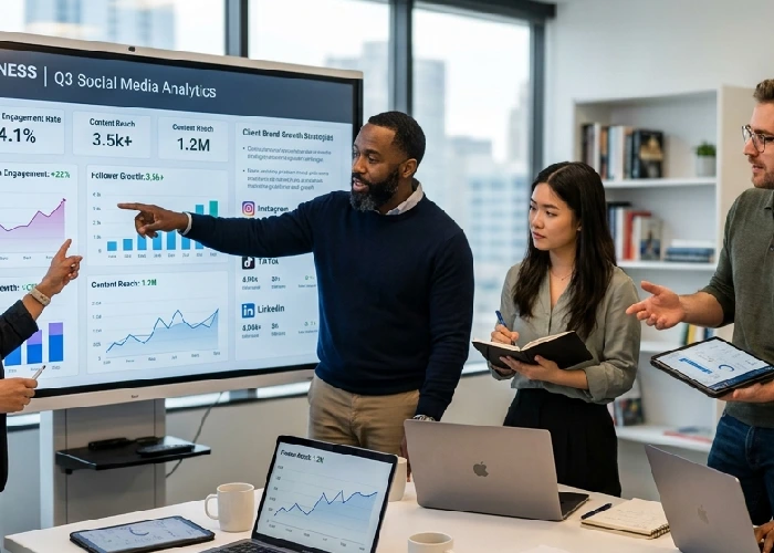 Team analyzing social media services for client brand growth