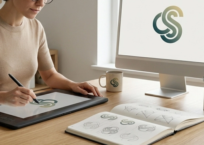 Graphic designer creating a unique brand identity using sketches and digital tools
