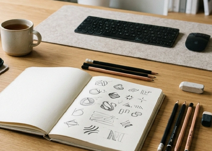 Professional logo design sketches and creative branding concepts on a designer workspace