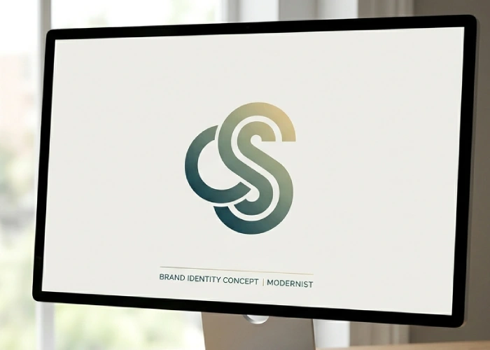 Simple geometric logo concepts arranged on a modern workspace for brand identity creation
